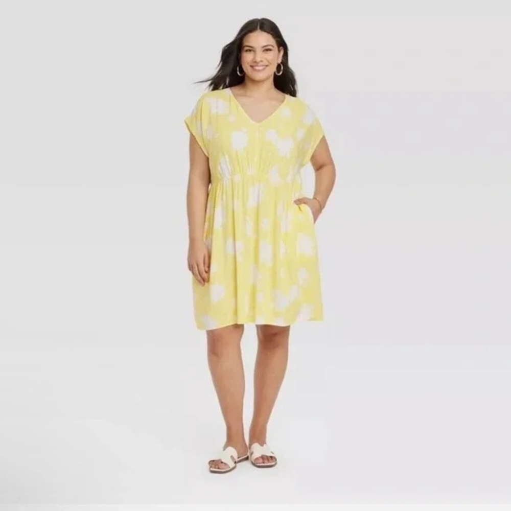 Yellow Floral Plus Size Ava and Viv Summer Dress with Drawstring Waist 22/24W